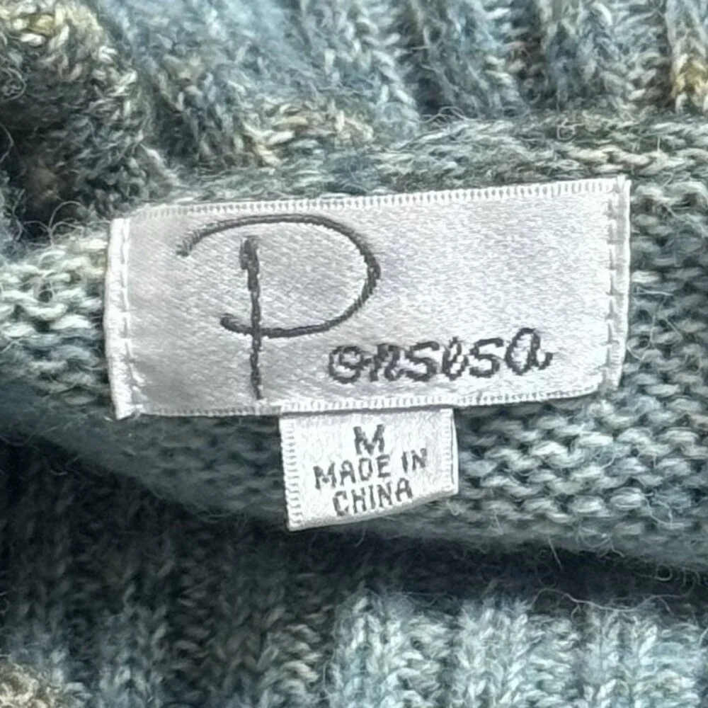 Ponsesa Blue Green Watercolor Knit‎ Turtleneck Wool Blend Cozy Holiday Cabin M